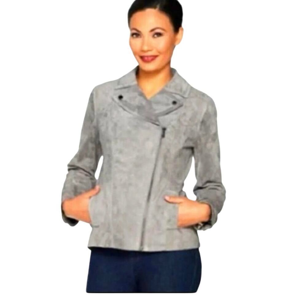 Isaac Mizrahi Gray Suede Leather Moto Style Jacket Size 14 New Floral Lining